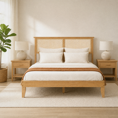 Room 2 | Front view in a bright bedroom with oak nightstands, white curtains, a leafy plant, lamps, and the woven headboard.