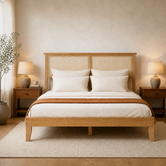 Room 1 | Straight-on view of the natural wood bed with two woven rattan panels, layered white bedding, dark nightstands, table lamps, and a cream rug.