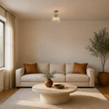In the living room | the same flush mount hanging near a sofa and coffee table