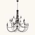 Front | clean studio front of the black three-tier chandelier with chain, canopy, and twenty candle lights