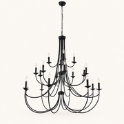 Front | clean studio front of the black three-tier chandelier with chain, canopy, and twenty candle lights