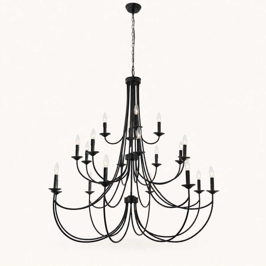 Front | clean studio front of the black three-tier chandelier with chain, canopy, and twenty candle lights