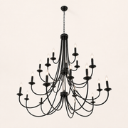 Underside | low studio view of the black three-tier chandelier showing the chain, canopy, and separated arm levels
