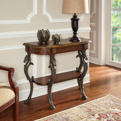 Half Moon Table with Shelves and Horse Figurine Base in Brown