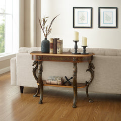 Half Moon Table with Shelves and Horse Figurine Base in Brown