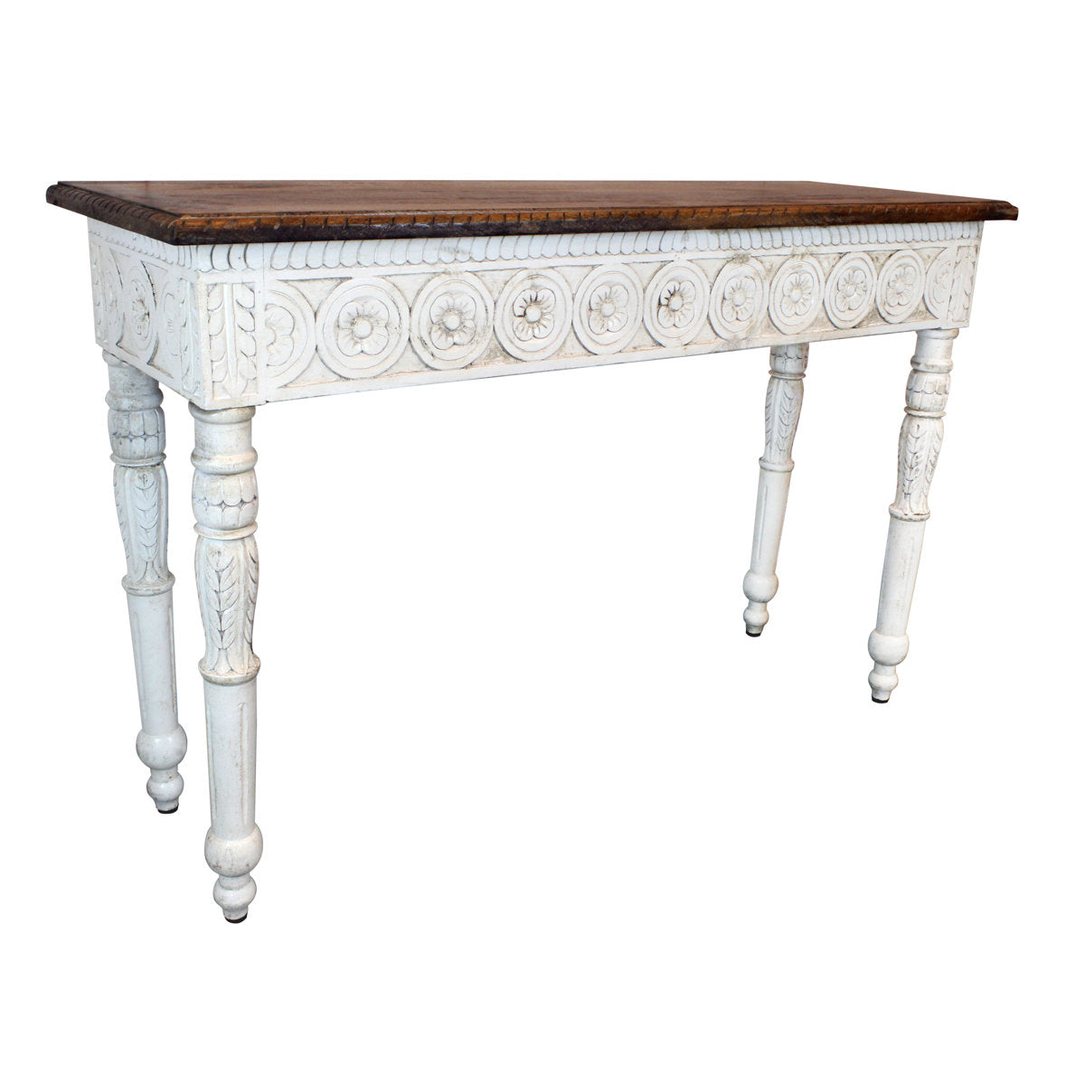 Hand-Carved Table, 48 in Solid Mango Wood with Antique Whitewash Finish