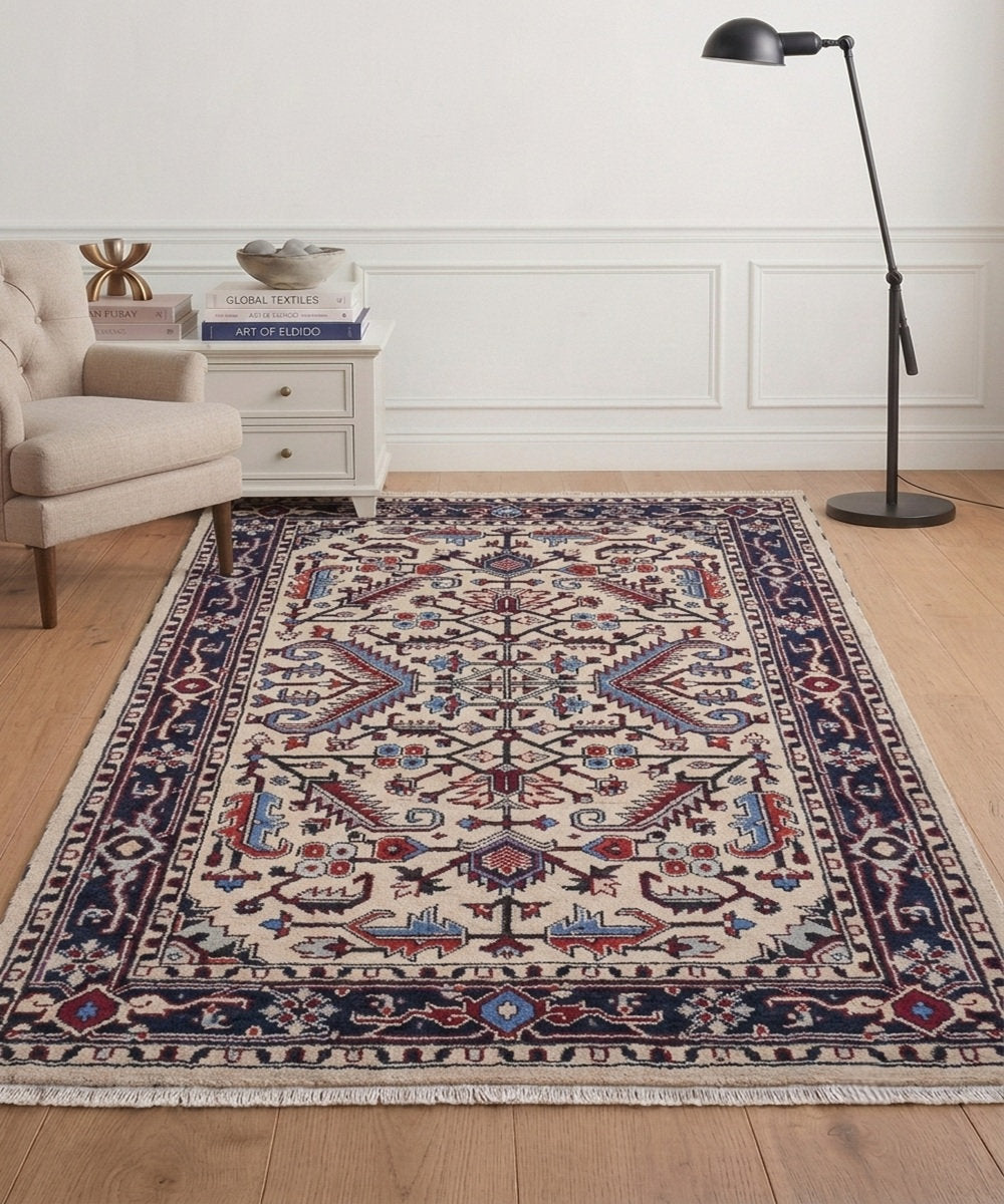 Hand Knotted Oriental Area Rug, 4 ft x 6 ft, Blue and White with Natural Fiber