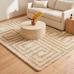 Hand Tufted Shag Area Rug, 8' x 10', Tan Wool with Canvas Backing