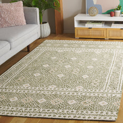 Hand-Woven Area Rug, 5 ft x 8 ft, Green and Ivory with Wool and Cotton