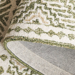 Hand-Woven Area Rug, 5 ft x 8 ft, Green and Ivory with Wool and Cotton