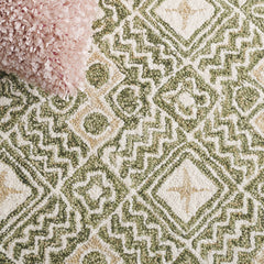 Hand-Woven Area Rug, 5 ft x 8 ft, Green and Ivory with Wool and Cotton