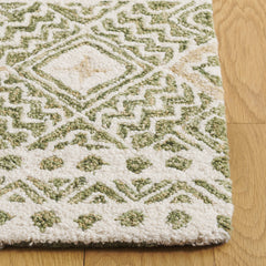 Hand-Woven Area Rug, 5 ft x 8 ft, Green and Ivory with Wool and Cotton