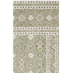 Hand-Woven Area Rug, 5 ft x 8 ft, Green and Ivory with Wool and Cotton