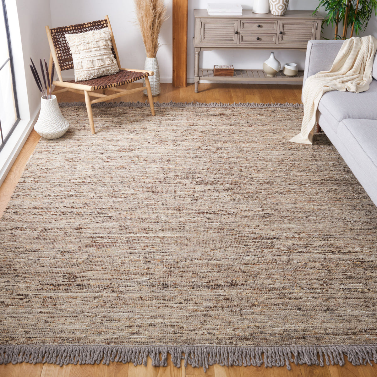 Hand Woven Area Rug, 9 Ft x 12 Ft in Brown and Ivory Cotton and Wool