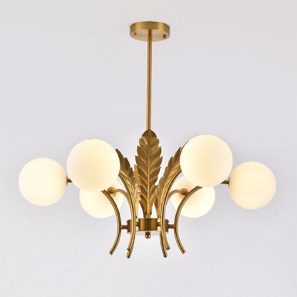 Hanging Chandelier with 6 Lights and Glass Shades, Brass Finish
