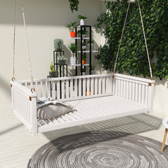 Hanging Porch Swing Bed, Acacia Wood Frame, White