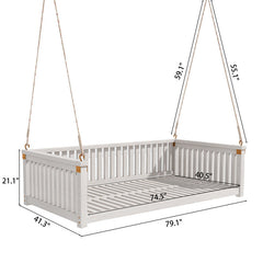 Hanging Porch Swing Bed, Acacia Wood Frame, White