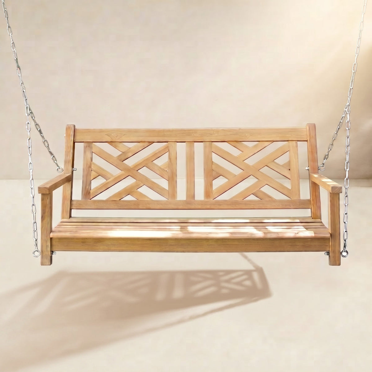 Hanging Porch Swing for 2, Solid Teak Wood with Slat Back in Brown