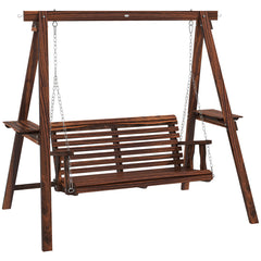 Hanging Porch Swing with Side Tables, Solid Fir Wood in Carbonized