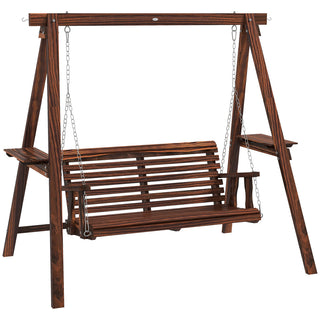 Hanging Porch Swing with Side Tables, Solid Fir Wood in Carbonized