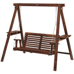 Hanging Porch Swing with Side Tables, Solid Fir Wood in Carbonized