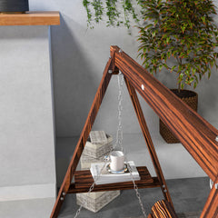 Hanging Porch Swing with Side Tables, Solid Fir Wood in Carbonized