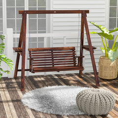 Hanging Porch Swing with Side Tables, Solid Fir Wood in Carbonized