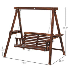 Hanging Porch Swing with Side Tables, Solid Fir Wood in Carbonized