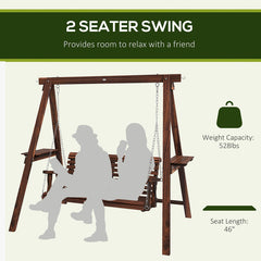 Hanging Porch Swing with Side Tables, Solid Fir Wood in Carbonized