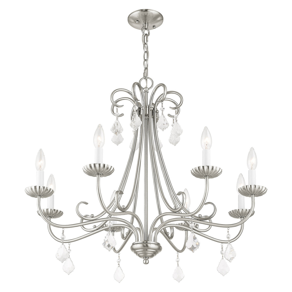 Hardwired Chandelier, 29.75 in Wide, Steel with Crystal in Brushed Nickel