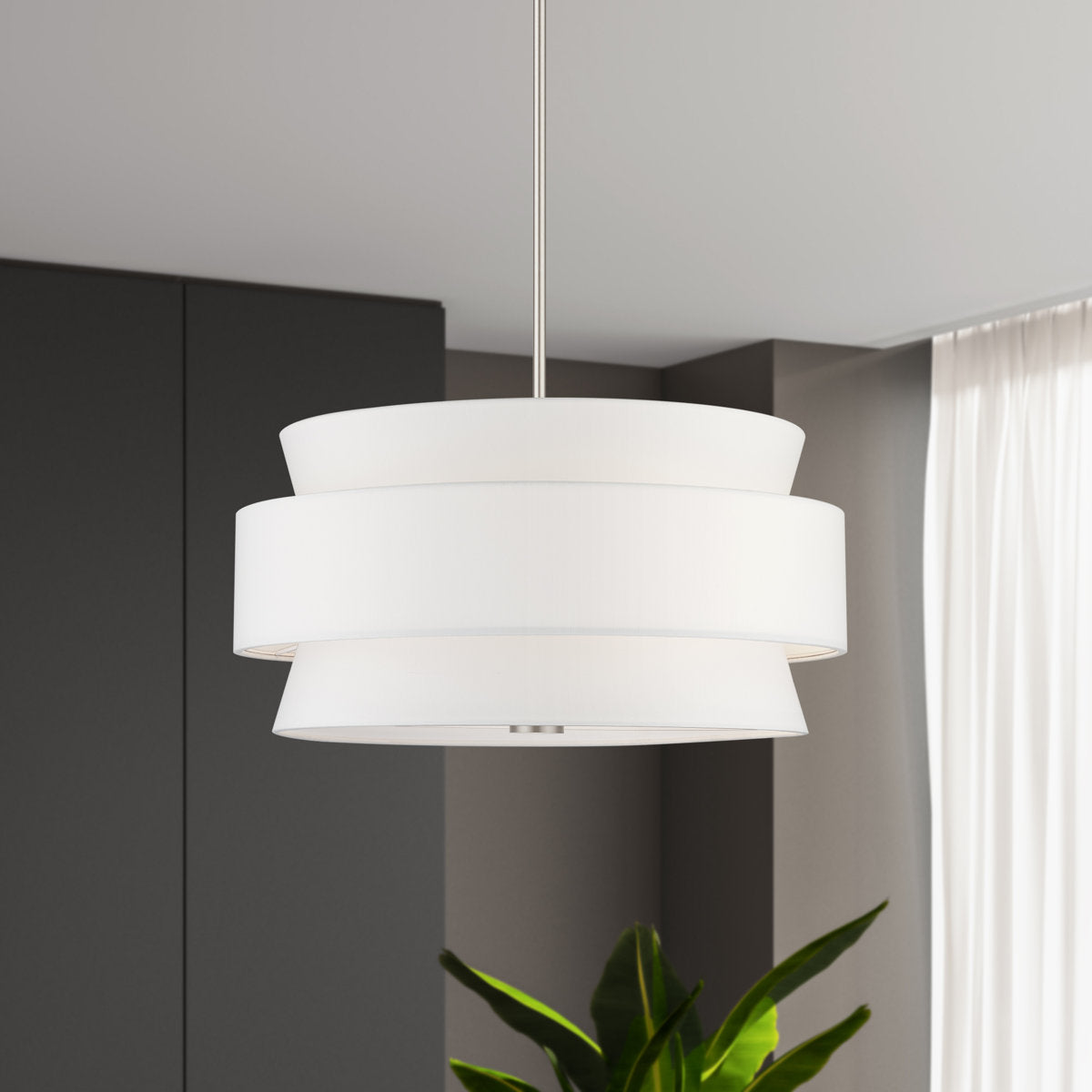 Hardwired Chandelier with White Linen Blend Shade and Metal Fixture