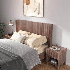 Headboard, Queen Size, Fluted Wood Panel in Walnut Brown