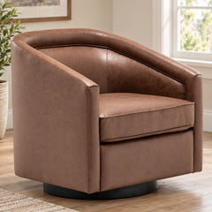 Walnut faux leather swivel barrel chair