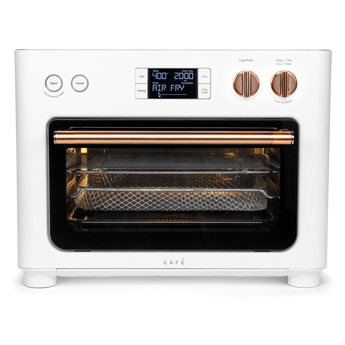 Hero | Stainless steel air fry toaster oven front view with blue digital display and preset dials on a white countertop