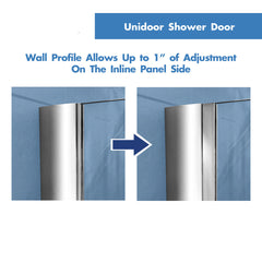 Hinged Frameless Shower Door, Unidoor, 3/8 in. Glass, 33-34 in. W x 72 in. H, Chrome