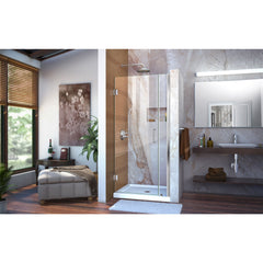 Hinged Frameless Shower Door, Unidoor, 3/8 in. Glass, 33-34 in. W x 72 in. H, Chrome