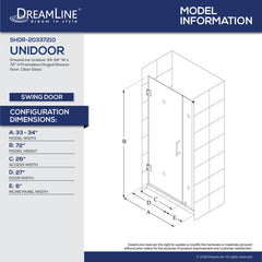 Hinged Frameless Shower Door, Unidoor, 3/8 in. Glass, 33-34 in. W x 72 in. H, Chrome