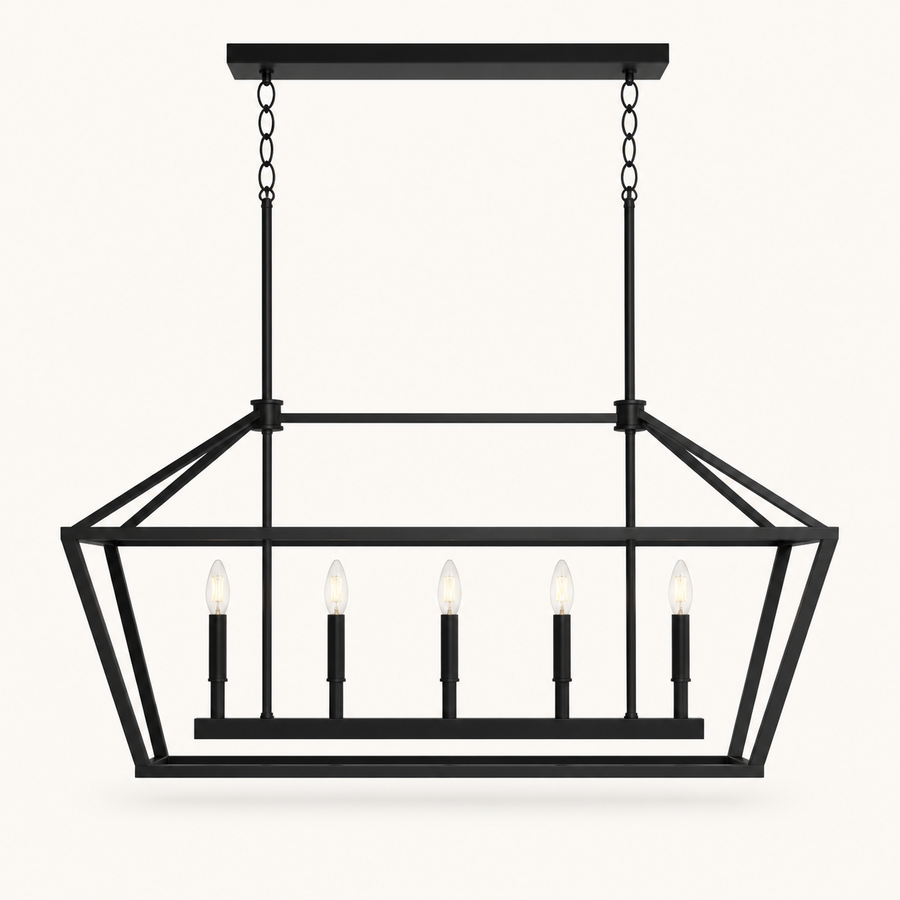 Front | studio front of the matte black cage frame and five candelabra sockets
