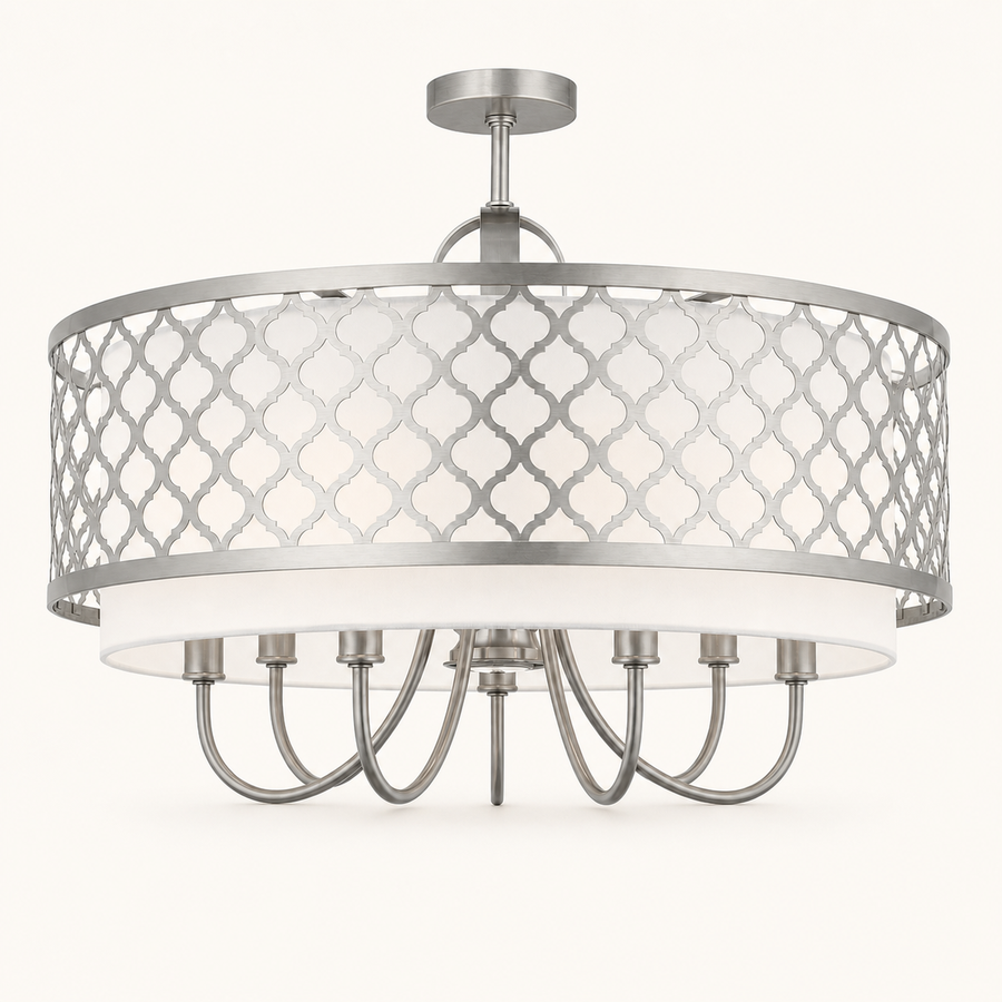 Front | studio front of the nickel lattice drum, white shade, and six arms