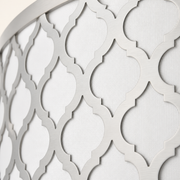Finish | close view of the brushed nickel lattice and white fabric shade