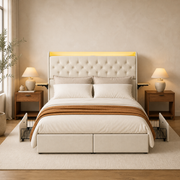 In a room | Straight-on bedroom view of the beige velvet storage bed with drawers under the rails and wave nightstands