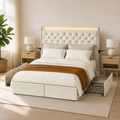 Airy corner | Same bright bedroom from the corner, morning light across the side drawers
