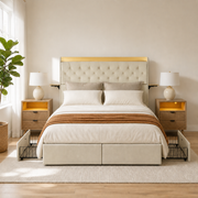 Airy room | Front view in a bright bedroom with linen curtains and light oak nightstands