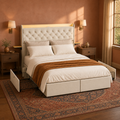 Clay corner | Clay bedroom from the corner, warm light across the footboard and side rail