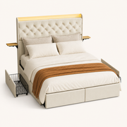 Detail | Close view of the tufted velvet headboard and pillow stack on seamless paper