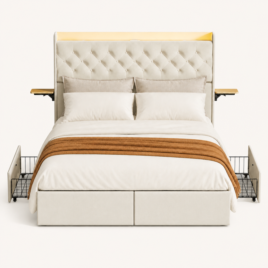 Front | Straight-on studio view of the full beige frame on a plain paper backdrop