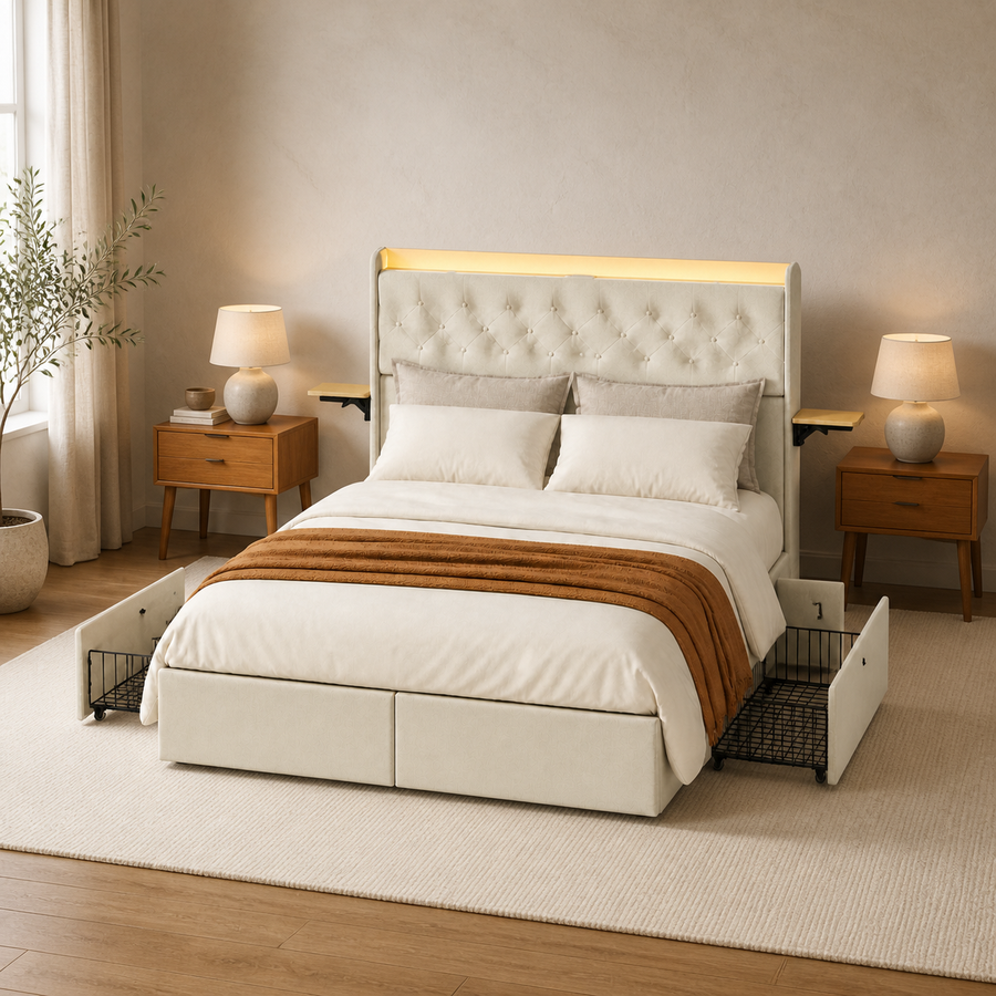 Angle | Three-quarter corner view showing headboard depth, side rail, under-bed drawers, and a wave nightstand
