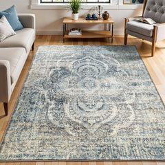 Indoor Area Rug, 8 x 10 ft with Beige, Teal and Light Blue Medallion Pattern