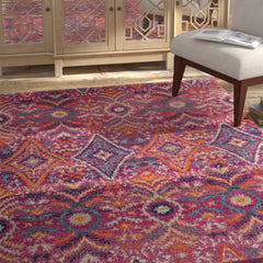 Indoor Area Rug, 9 ft x 12 ft, Fuchsia with Gold Geometric Design
