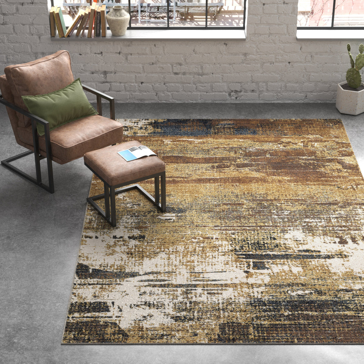 Indoor Area Rug, Stain-Resistant Polyester with Gold and Brown Abstract Pattern